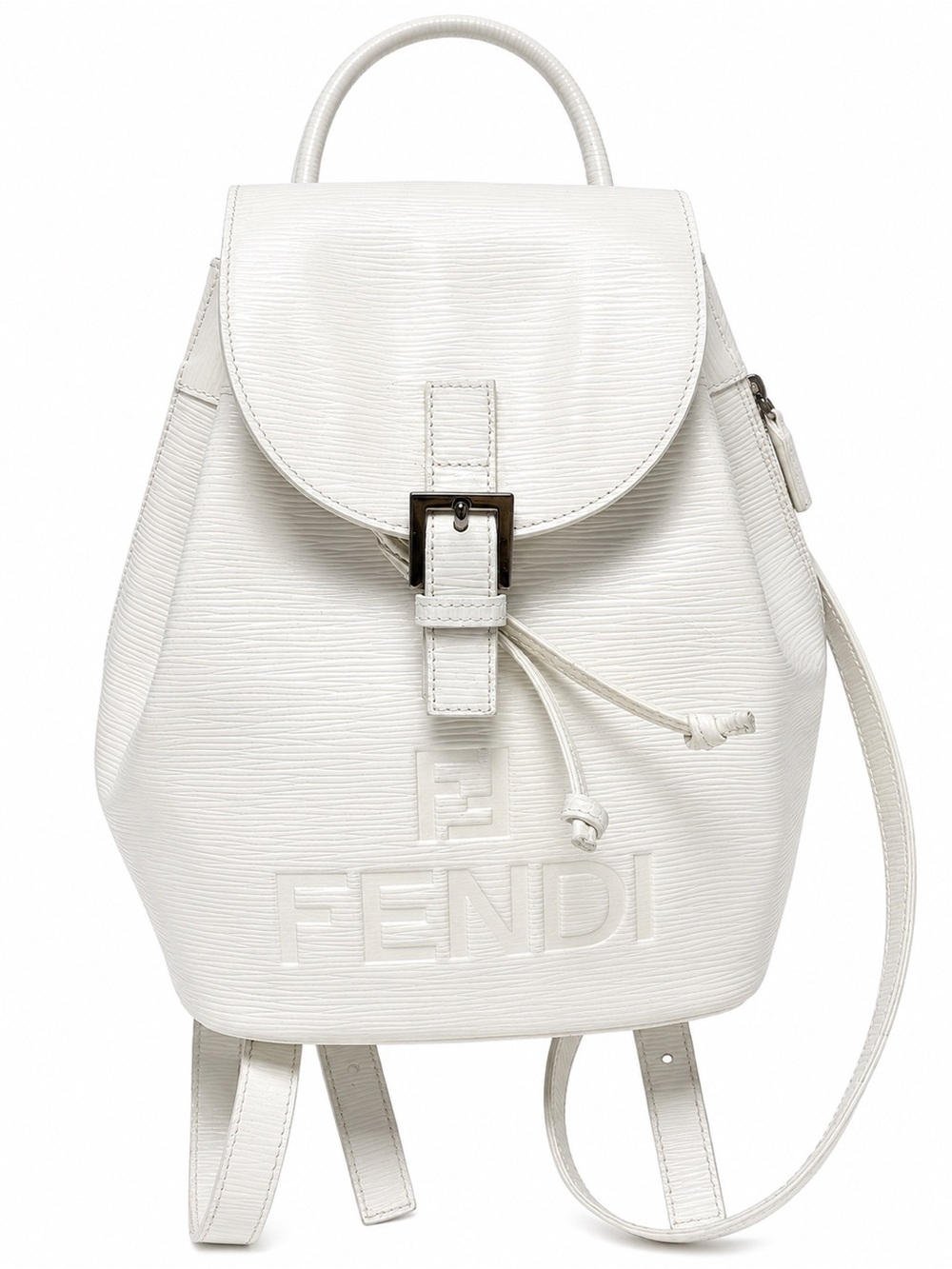 Fendi Vintage White Embossed Logo Textured Leather Backpack FF Jacquard